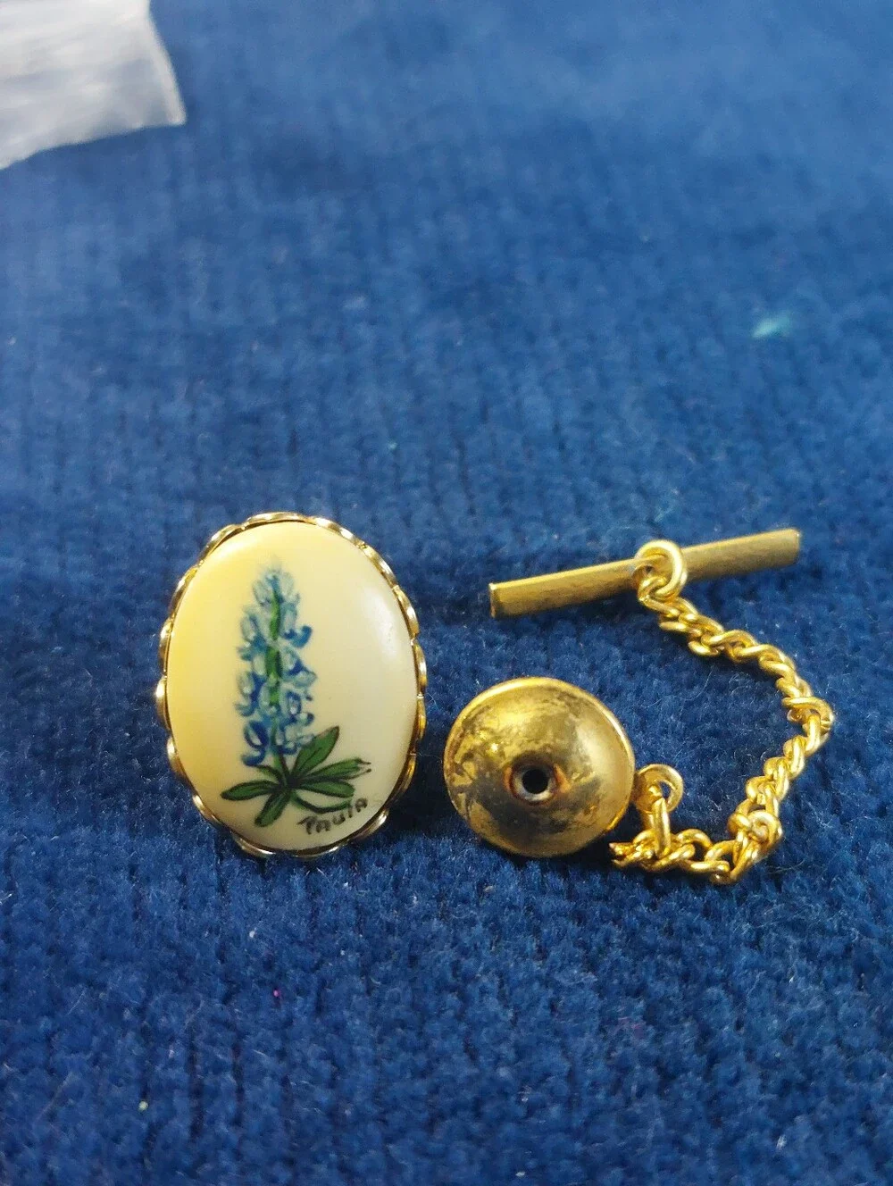 Vintage Signed Paula Hand-Painted Procelain Texas Bluebonnet Tie Tack